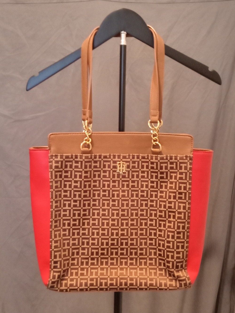 Tommy Hilfiger Brown Monogram Tote with Red Panels